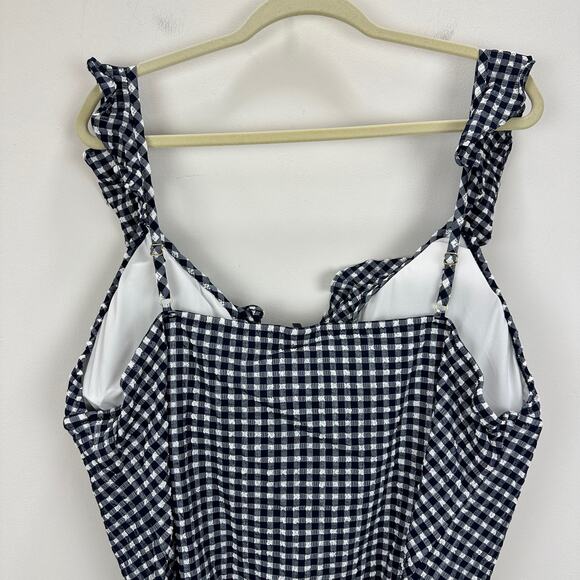 J.Crew Ruffle V Neck One Piece Gingham Swimsuit Padded Navy Retro US 24 NWT - Picture 9 of 13
